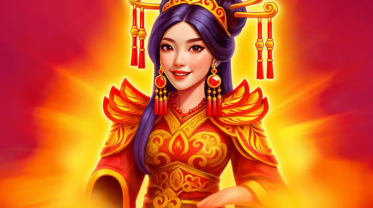 公主賞千金：戴金色鳳冠、穿紅金宮服的公主，站在紅橘色的光芒前