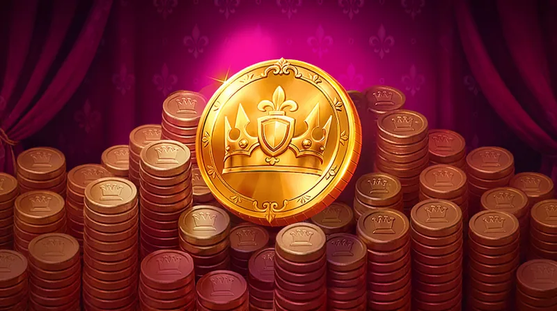 幸運金幣：刻著皇冠的大金幣立在金幣山上，背景是紫紅色宮廷布幕
