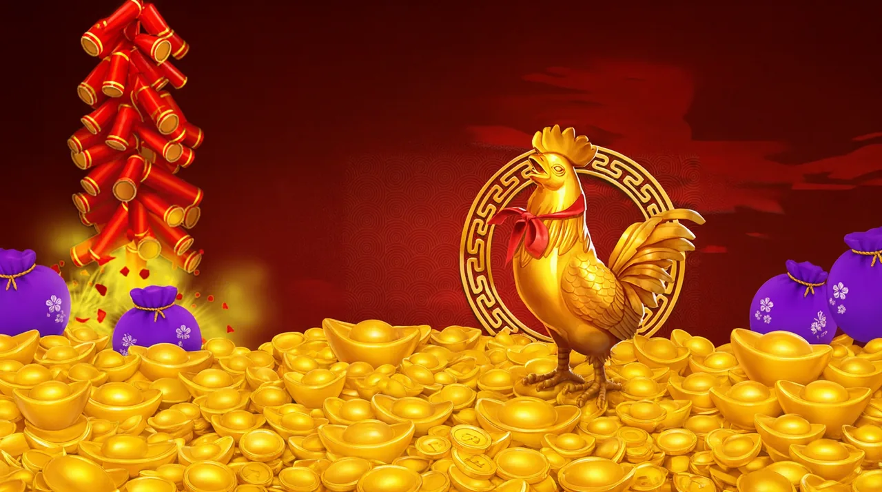 金雞報喜：繫著紅領巾的金色公雞昂首站在金色回紋圓框前，腳下堆滿元寶，左邊一串紅鞭炮正在炸開