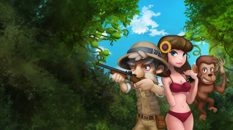 野蠻遊戲：戴探險帽的獵人舉槍瞄準，旁邊是頭戴向日葵的叢林女郎和一隻咧嘴的猴子