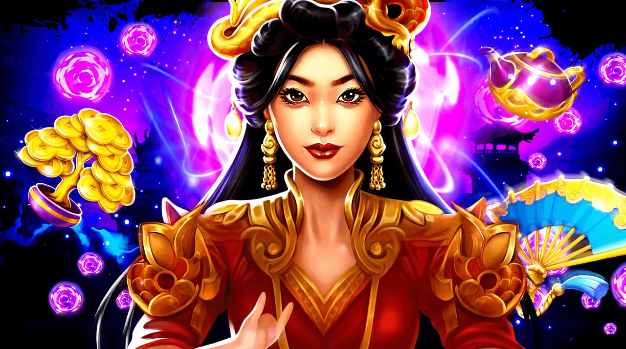 天宮聖女：黑髮戴金色頭飾的仙女，身後是紫色夜空和粉紅色光球