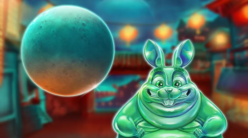 月兔：翡翠色的胖玉兔坐在紅燈籠夜街前，左邊是一顆大月亮