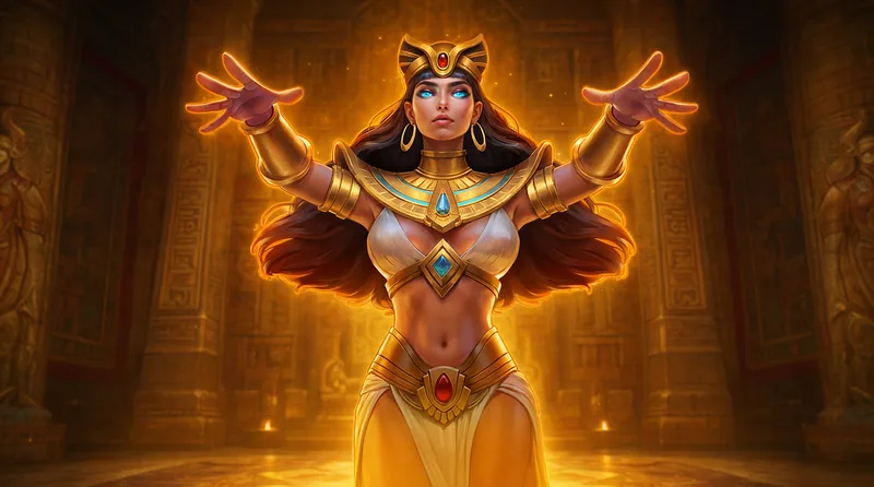 戰神賽特2：戴紅寶石金冠的女神奈芙蒂絲張開雙手，全身金色光芒