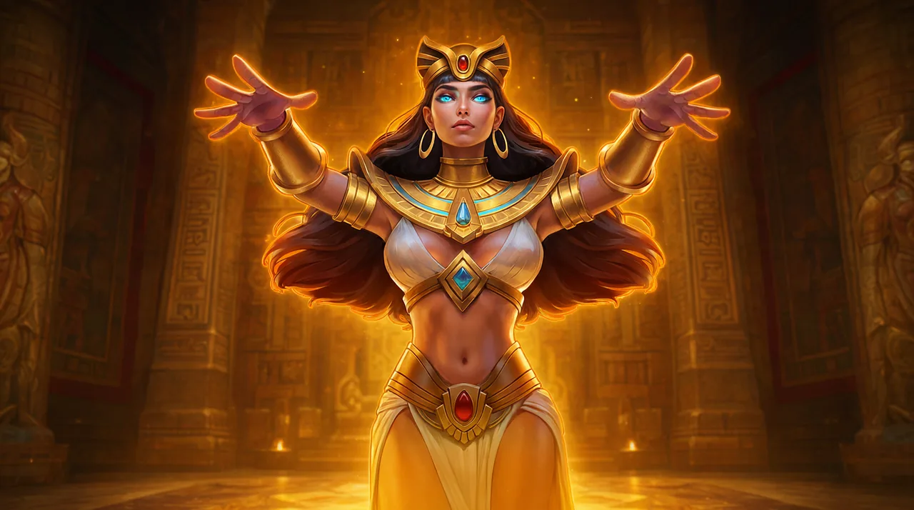 戰神賽特2：戴紅寶石金冠的女神奈芙蒂絲張開雙手，全身金色光芒