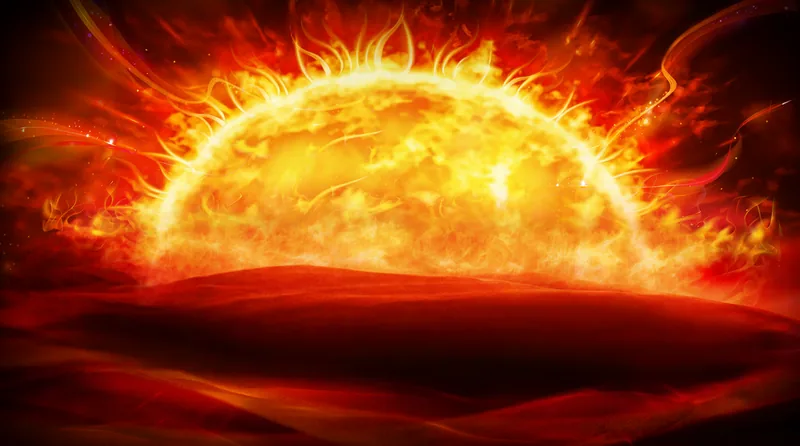 太陽神殿：一顆燃燒的巨大太陽從暗紅色沙丘後方升起