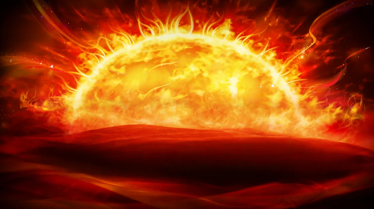 太陽神殿：一顆燃燒的巨大太陽從暗紅色沙丘後方升起