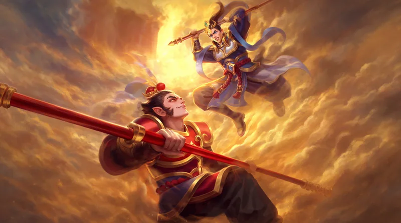 孫行者：紅金戰甲的孫悟空握著長棍，抬頭迎戰從上方躍下的銀甲二郎神