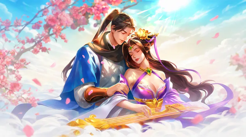 武俠：藍白長袍的俠客摟著閉眼的紫衣女子，背景是粉色花枝與晴空